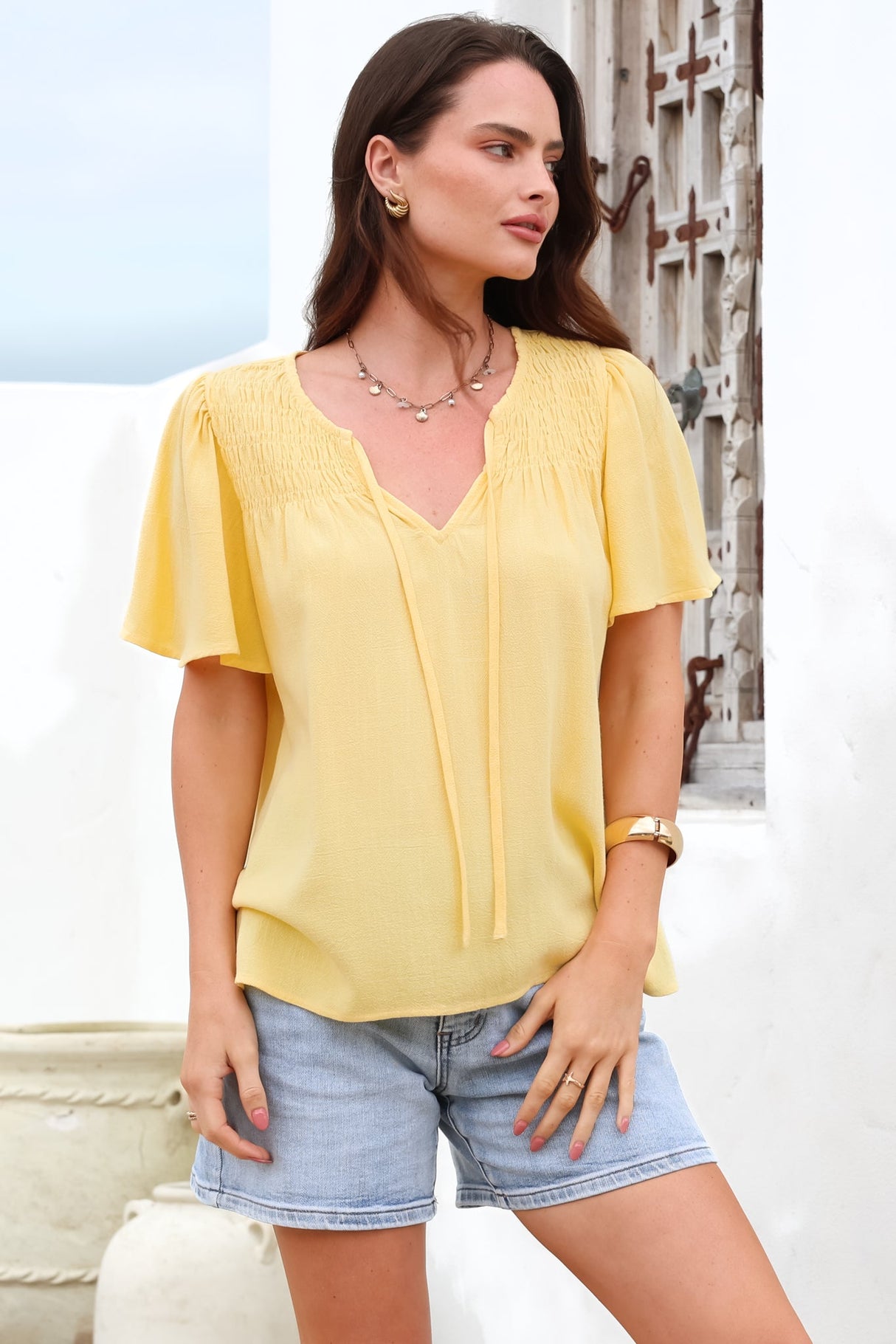 Kendra Top- V Neck Short Sleeve Top with Necktie in Lemon