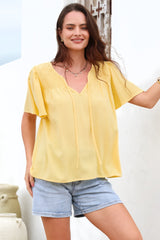 Kendra Top- V Neck Short Sleeve Top with Necktie in Lemon