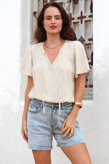 Kendra Top- V Neck Short Sleeve Top with Necktie in Oat