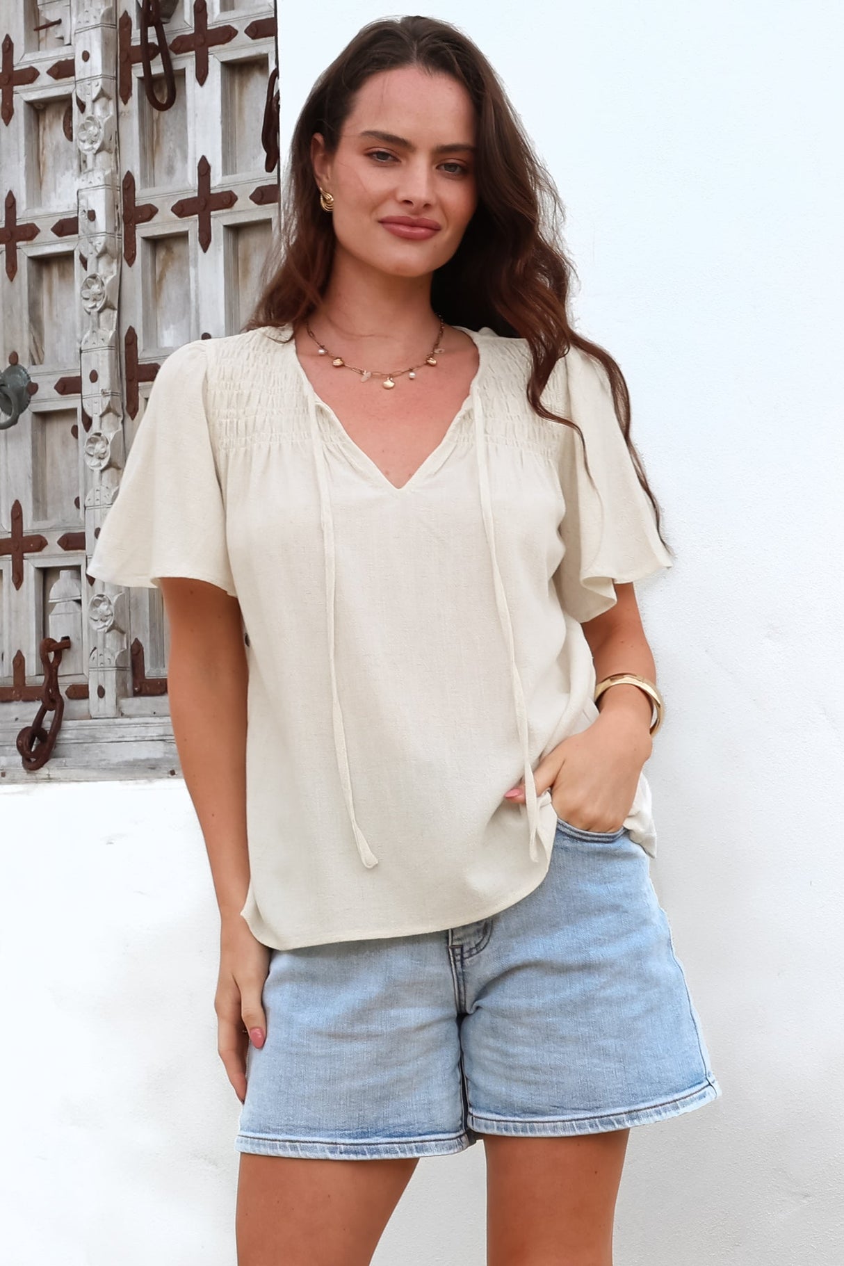 Kendra Top- V Neck Short Sleeve Top with Necktie in Oat