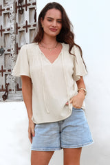 Kendra Top- V Neck Short Sleeve Top with Necktie in Oat