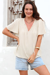 Kendra Top- V Neck Short Sleeve Top with Necktie in Oat