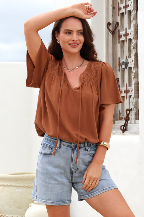 Kendra Top- V Neck Short Sleeve Top with Necktie in Tan