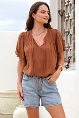 Kendra Top- V Neck Short Sleeve Top with Necktie in Tan