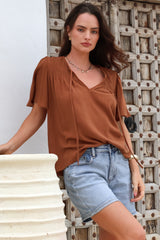 Kendra Top- V Neck Short Sleeve Top with Necktie in Tan