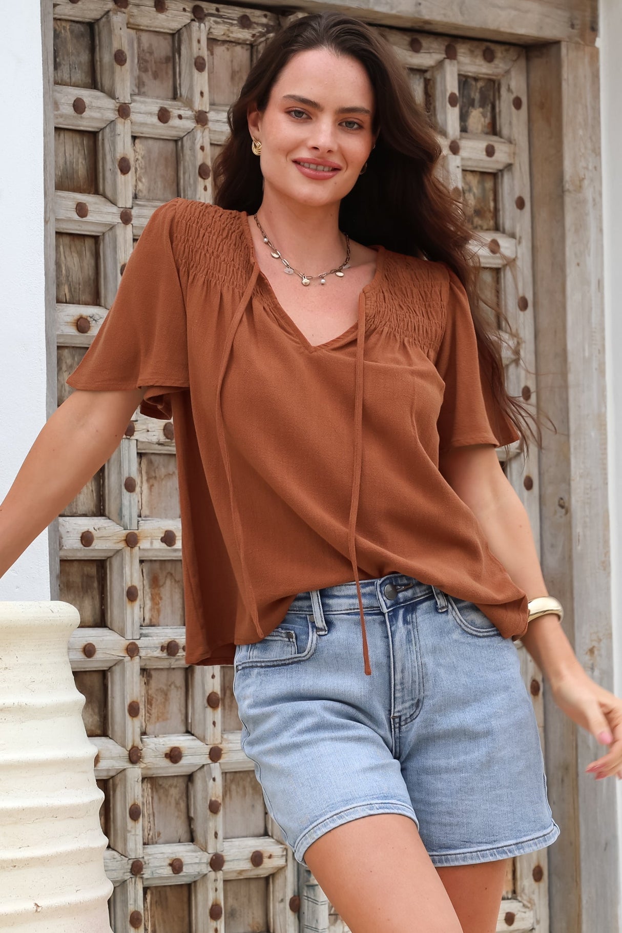 Kendra Top- V Neck Short Sleeve Top with Necktie in Tan