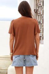 Kendra Top- V Neck Short Sleeve Top with Necktie in Tan