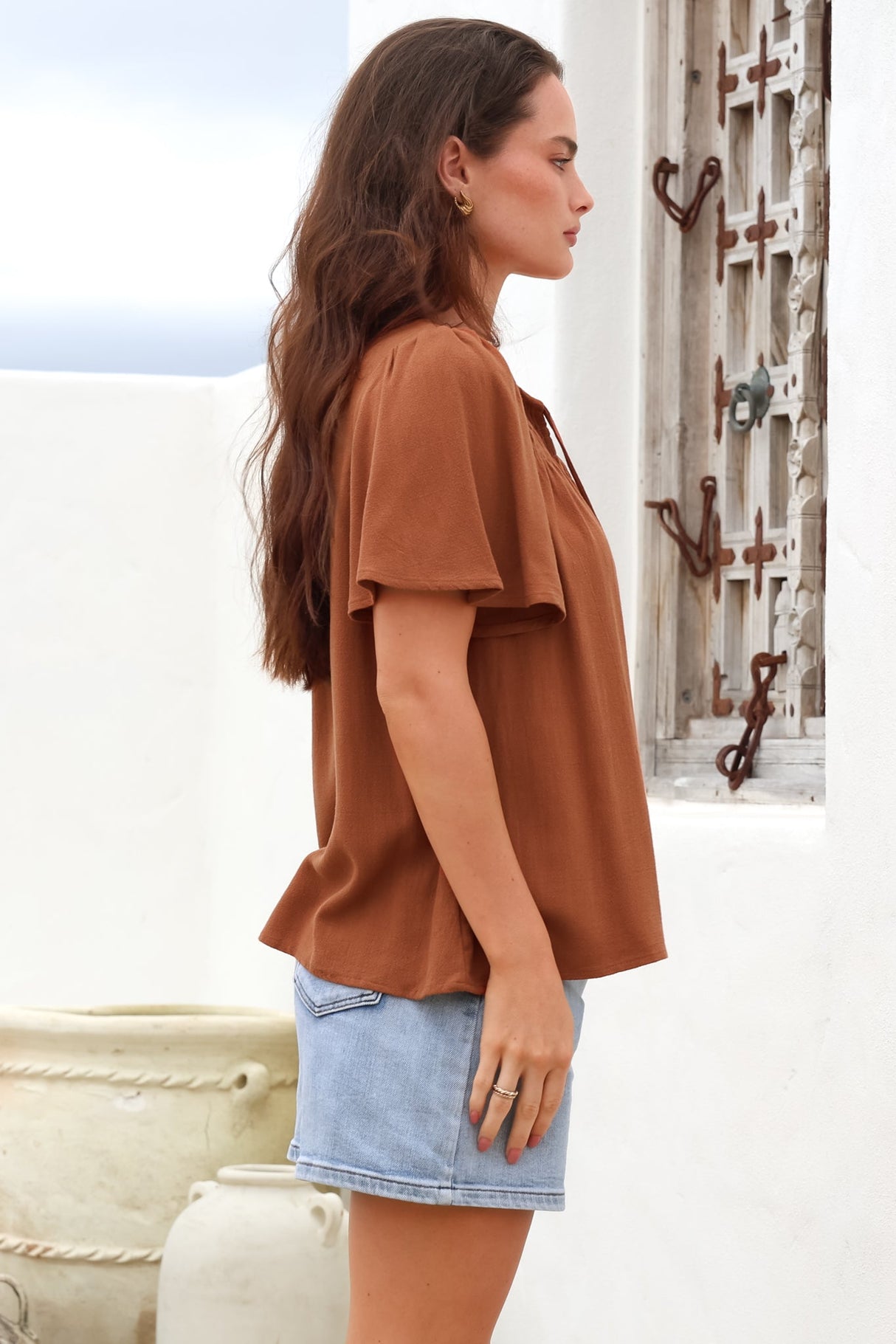 Kendra Top- V Neck Short Sleeve Top with Necktie in Tan