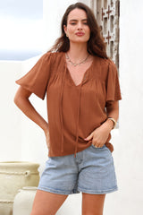 Kendra Top- V Neck Short Sleeve Top with Necktie in Tan