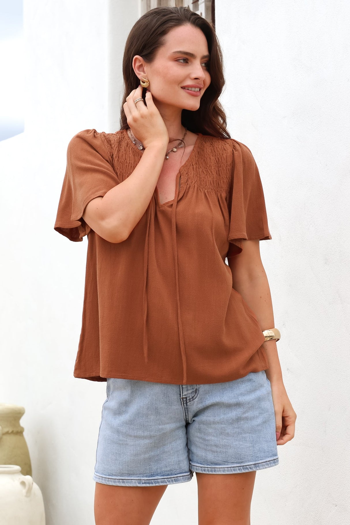 Kendra Top- V Neck Short Sleeve Top with Necktie in Tan