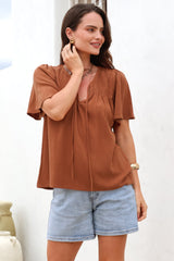 Kendra Top- V Neck Short Sleeve Top with Necktie in Tan