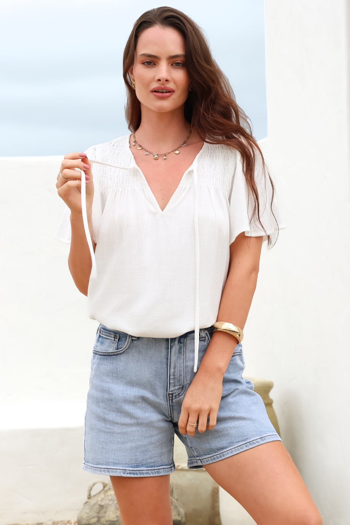 Kendra Top- V Neck Short Sleeve Top with Necktie in White
