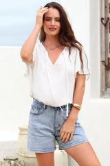 Kendra Top- V Neck Short Sleeve Top with Necktie in White