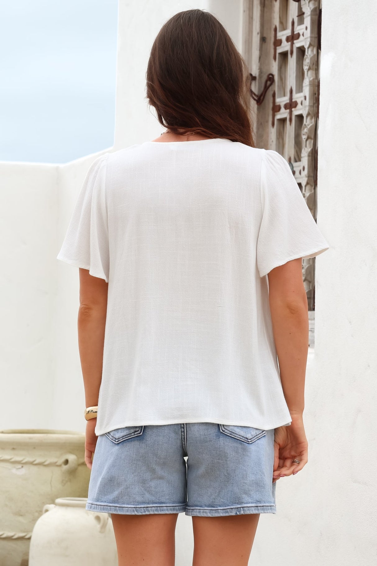 Kendra Top- V Neck Short Sleeve Top with Necktie in White