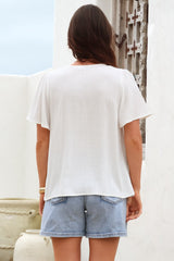 Kendra Top- V Neck Short Sleeve Top with Necktie in White