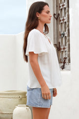 Kendra Top- V Neck Short Sleeve Top with Necktie in White