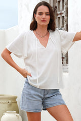 Kendra Top- V Neck Short Sleeve Top with Necktie in White