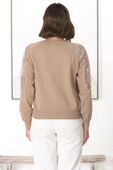 Kennett Jumper - Beaded Embellished Shoulder Crew Neck Jumper in Tan