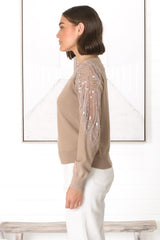 Kennett Jumper - Beaded Embellished Shoulder Crew Neck Jumper in Tan