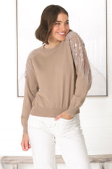 Kennett Jumper - Beaded Embellished Shoulder Crew Neck Jumper in Tan