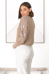 Kennett Jumper - Beaded Embelished Shoulder Crew Neck Jumper in Tan