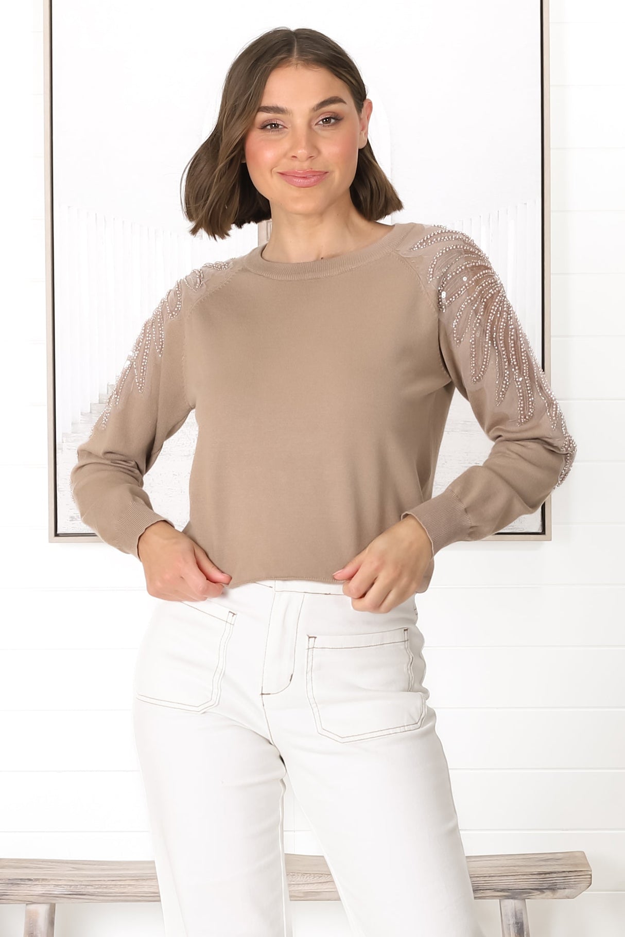 Kennett Jumper - Beaded Embelished Shoulder Crew Neck Jumper in Tan