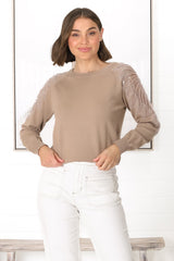 Kennett Jumper - Beaded Embellished Shoulder Crew Neck Jumper in Tan