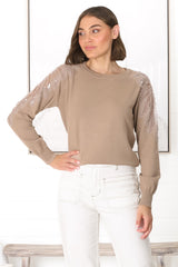 Kennett Jumper - Beaded Embellished Shoulder Crew Neck Jumper in Tan