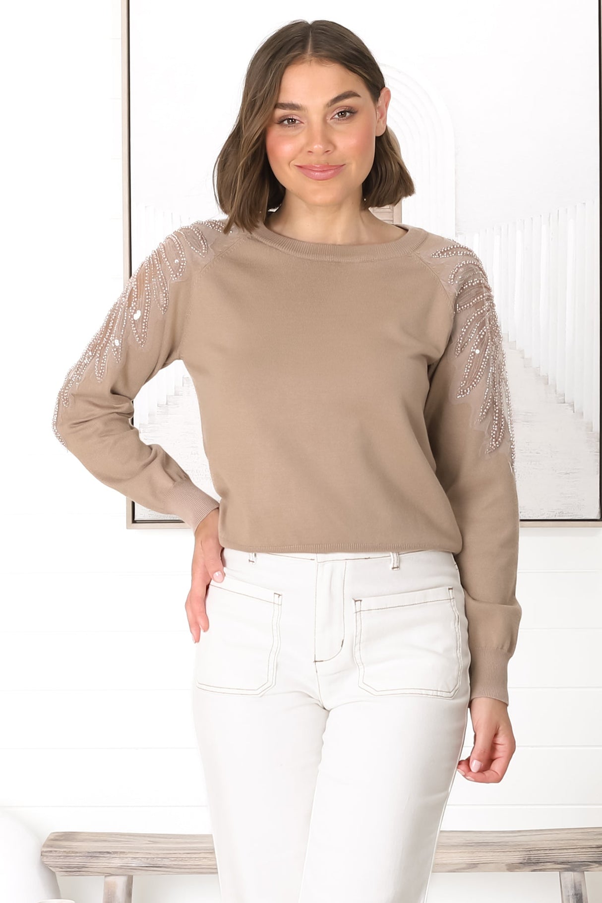 Kennett Jumper - Beaded Embellished Shoulder Crew Neck Jumper in Tan