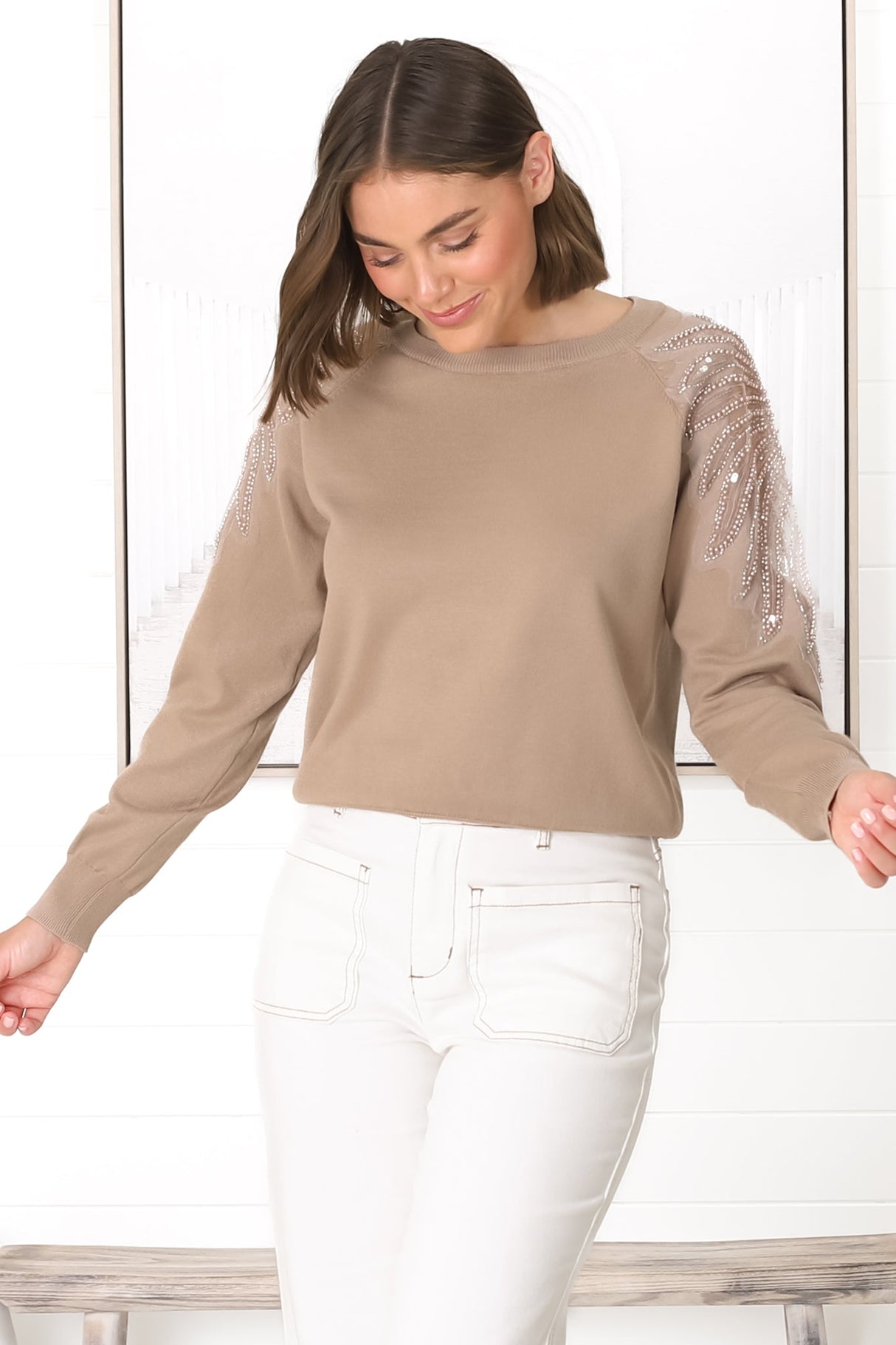 Kennett Jumper - Beaded Embelished Shoulder Crew Neck Jumper in Tan