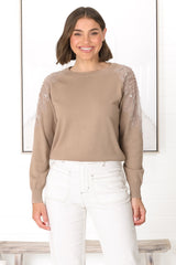 Kennett Jumper - Beaded Embelished Shoulder Crew Neck Jumper in Tan