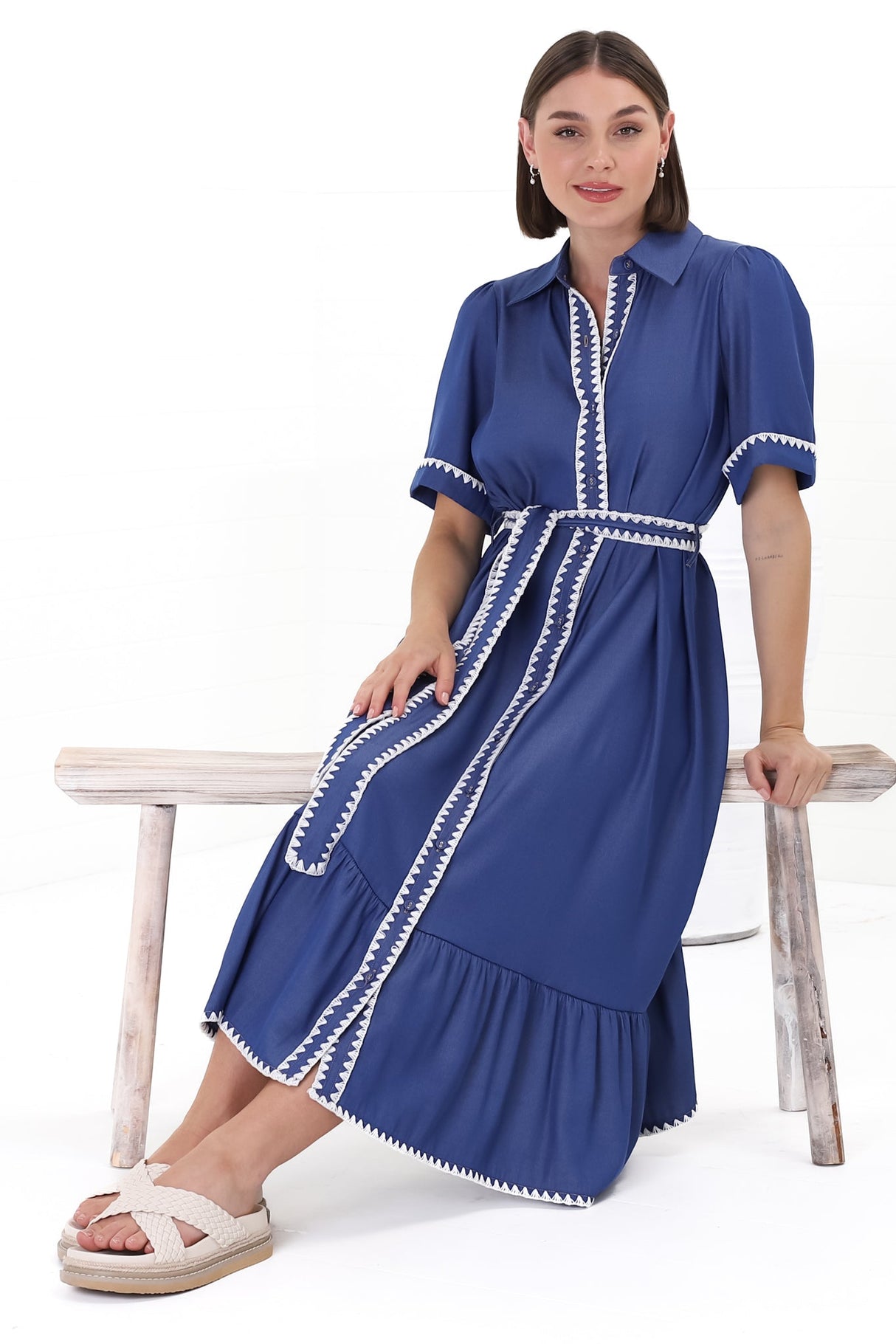 Kelsey Midi Dress - Contrast Trim Button Down Dress with Belt in Denim Blue