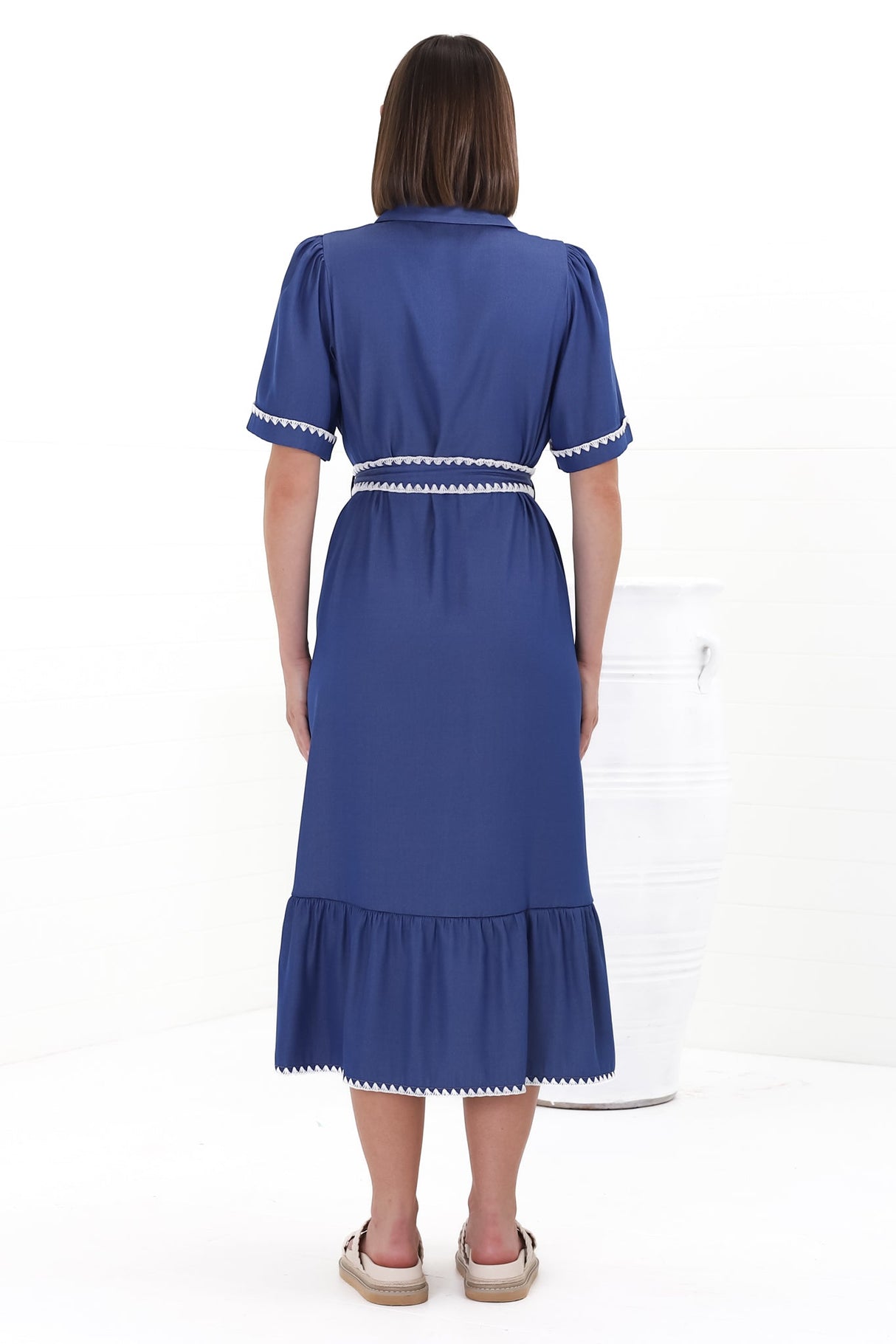 Kelsey Midi Dress - Contrast Trim Button Down Dress with Belt in Denim Blue