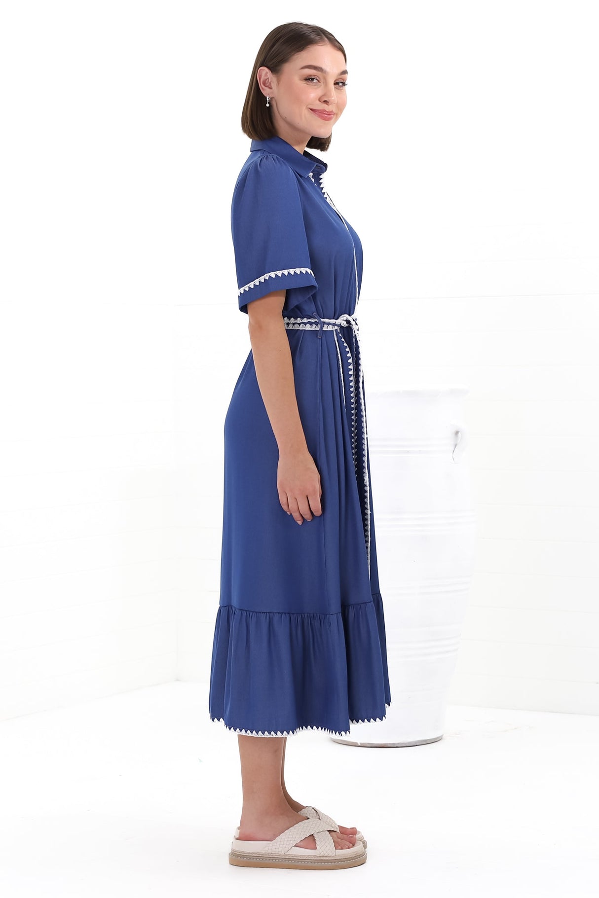 Kelsey Midi Dress - Contrast Trim Button Down Dress with Belt in Denim Blue