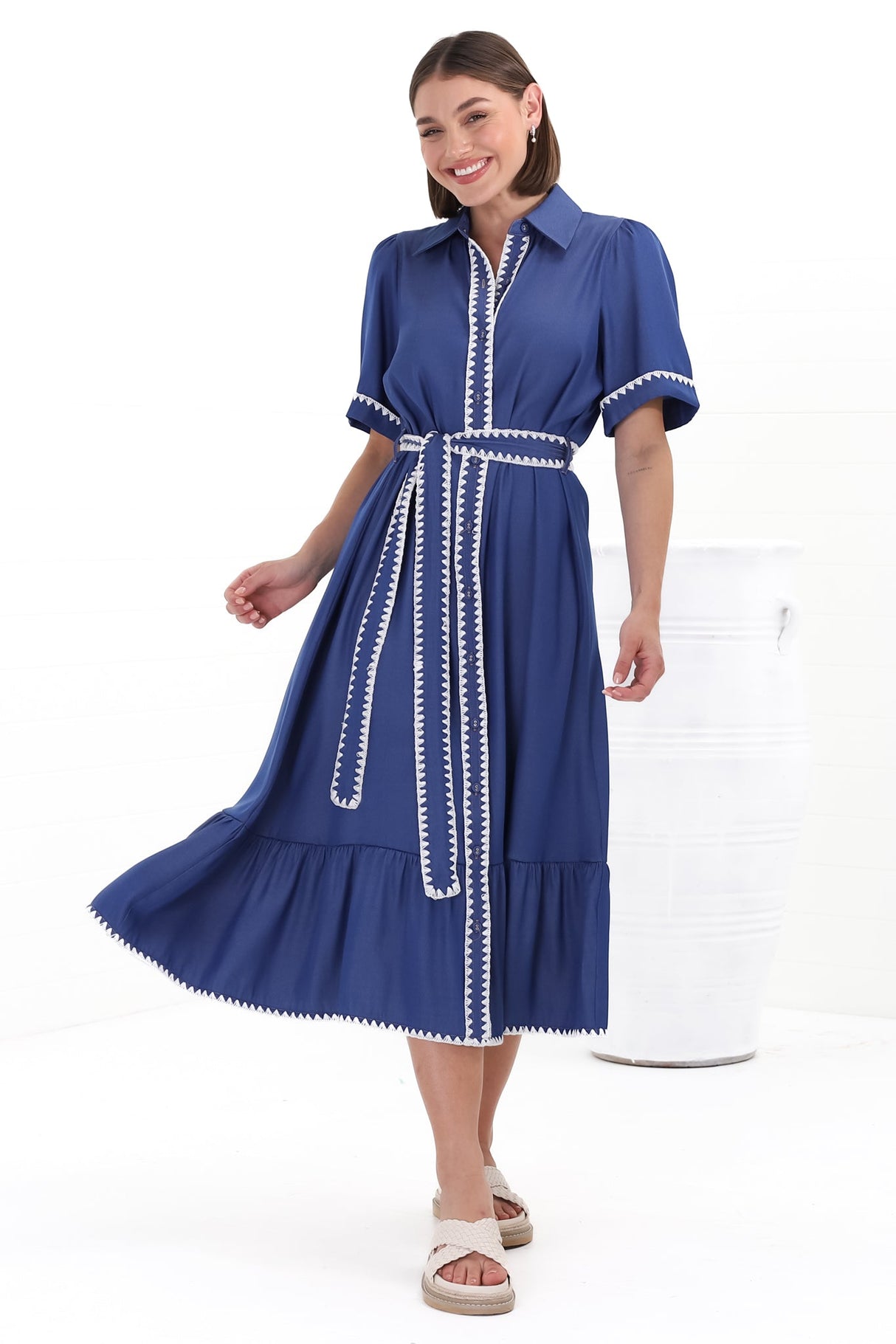 Kelsey Midi Dress - Contrast Trim Button Down Dress with Belt in Denim Blue