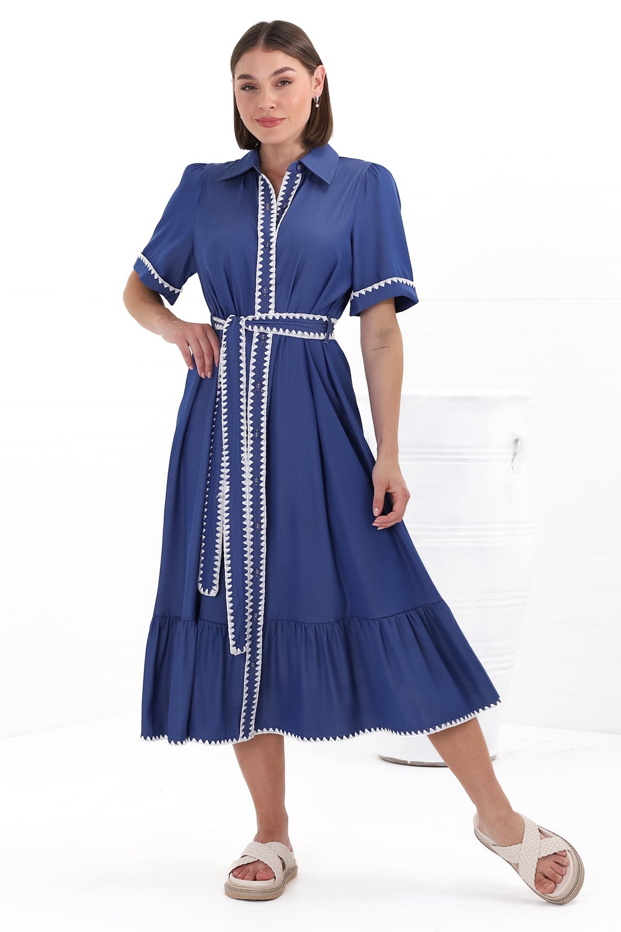 Kelsey Midi Dress - Contrast Trim Button Down Dress with Belt in Denim Blue