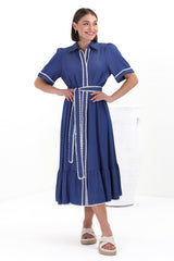 Kelsey Midi Dress - Contrast Trim Button Down Dress with Belt in Denim Blue