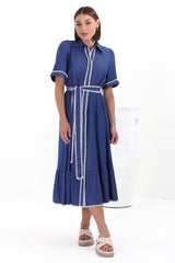 Kelsey Midi Dress - Contrast Trim Button Down Dress with Belt in Denim Blue