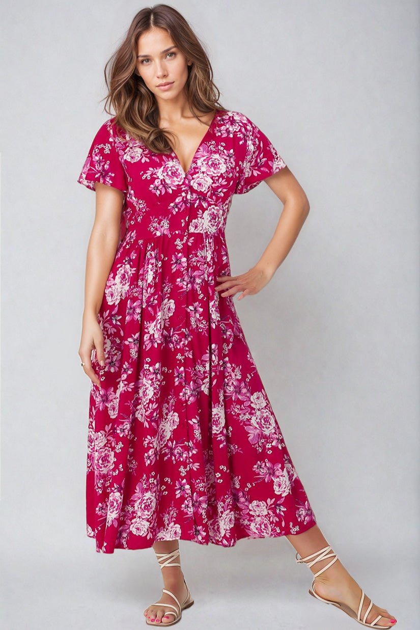 Anais Midi Dress Cap Flutter Sleeve Button Down Line Dress Kimberly Print