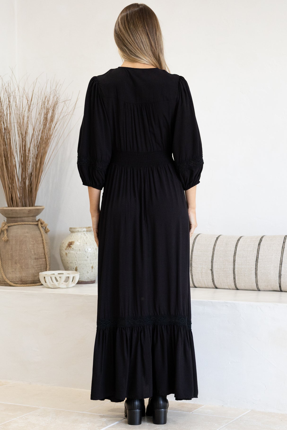Kiaba Maxi Dress - V-Neck Buttoned Bodice 3/4 Sleeve A-Line Dress with Lace Inserts in Black