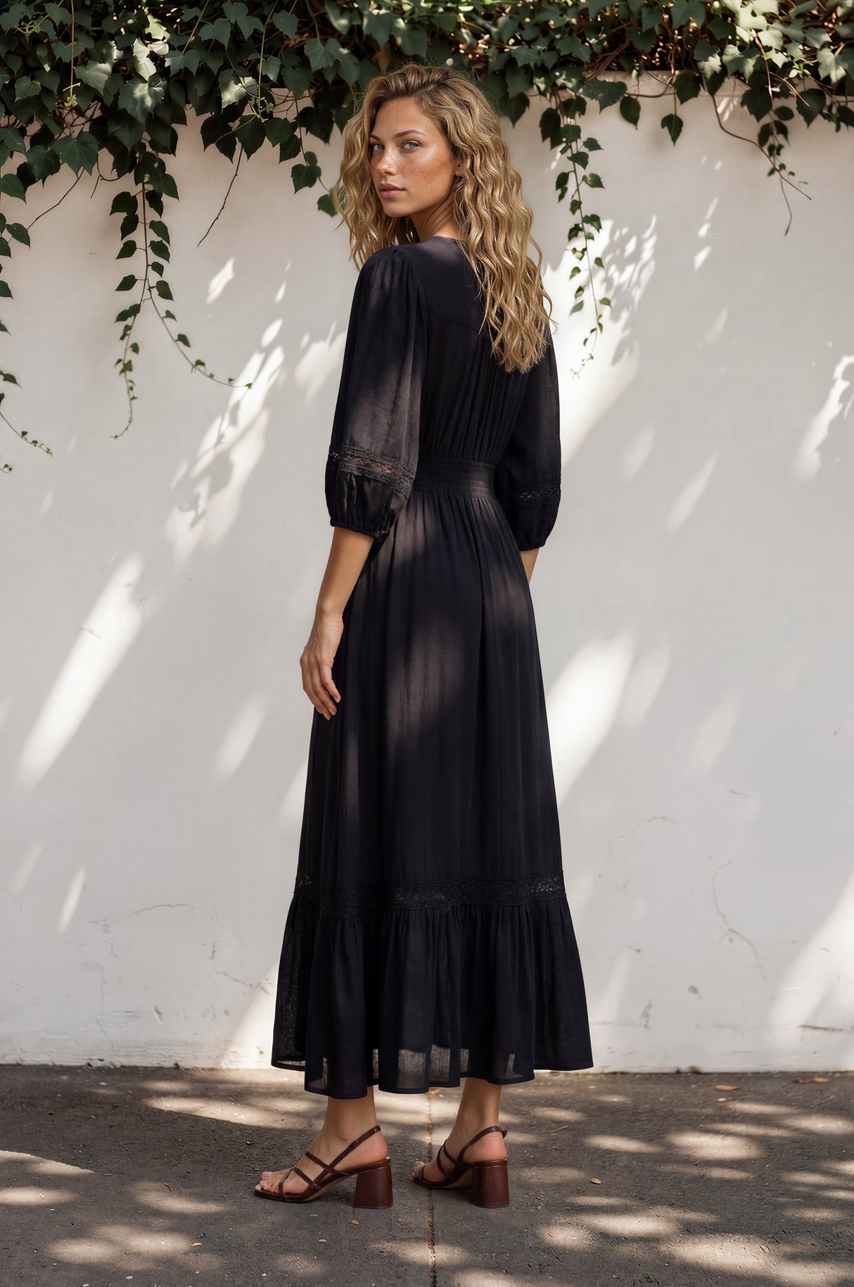 Kiaba Maxi Dress - V-Neck Buttoned Bodice 3/4 Sleeve A-Line Dress with Lace Inserts in Black