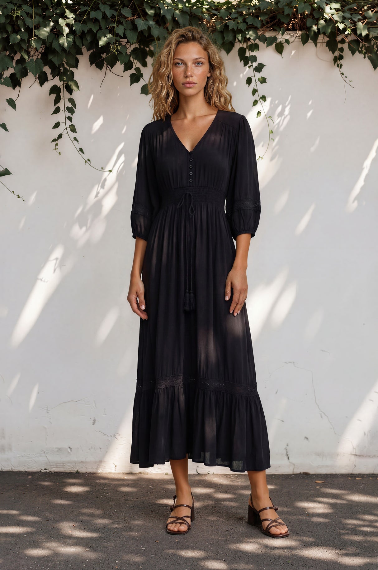 Kiaba Maxi Dress - V-Neck Buttoned Bodice 3/4 Sleeve A-Line Dress with Lace Inserts in Black