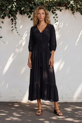 Kiaba Maxi Dress - V-Neck Buttoned Bodice 3/4 Sleeve A-Line Dress with Lace Inserts in Black