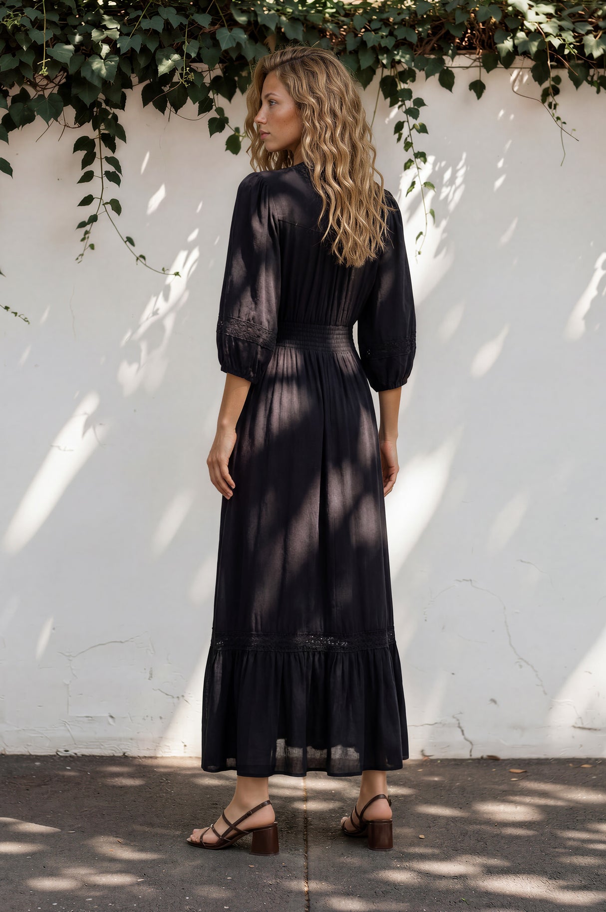 Kiaba Maxi Dress - V-Neck Buttoned Bodice 3/4 Sleeve A-Line Dress with Lace Inserts in Black