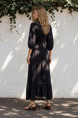 Kiaba Maxi Dress - V-Neck Buttoned Bodice 3/4 Sleeve A-Line Dress with Lace Inserts in Black