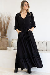 Kiaba Maxi Dress - V-Neck Buttoned Bodice 3/4 Sleeve A-Line Dress with Lace Inserts in Black