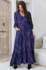Kiaba Maxi Dress - V-Neck Buttoned Bodice 3/4 Sleeve A-Line Dress with Lace Inserts in Vilma Print Navy