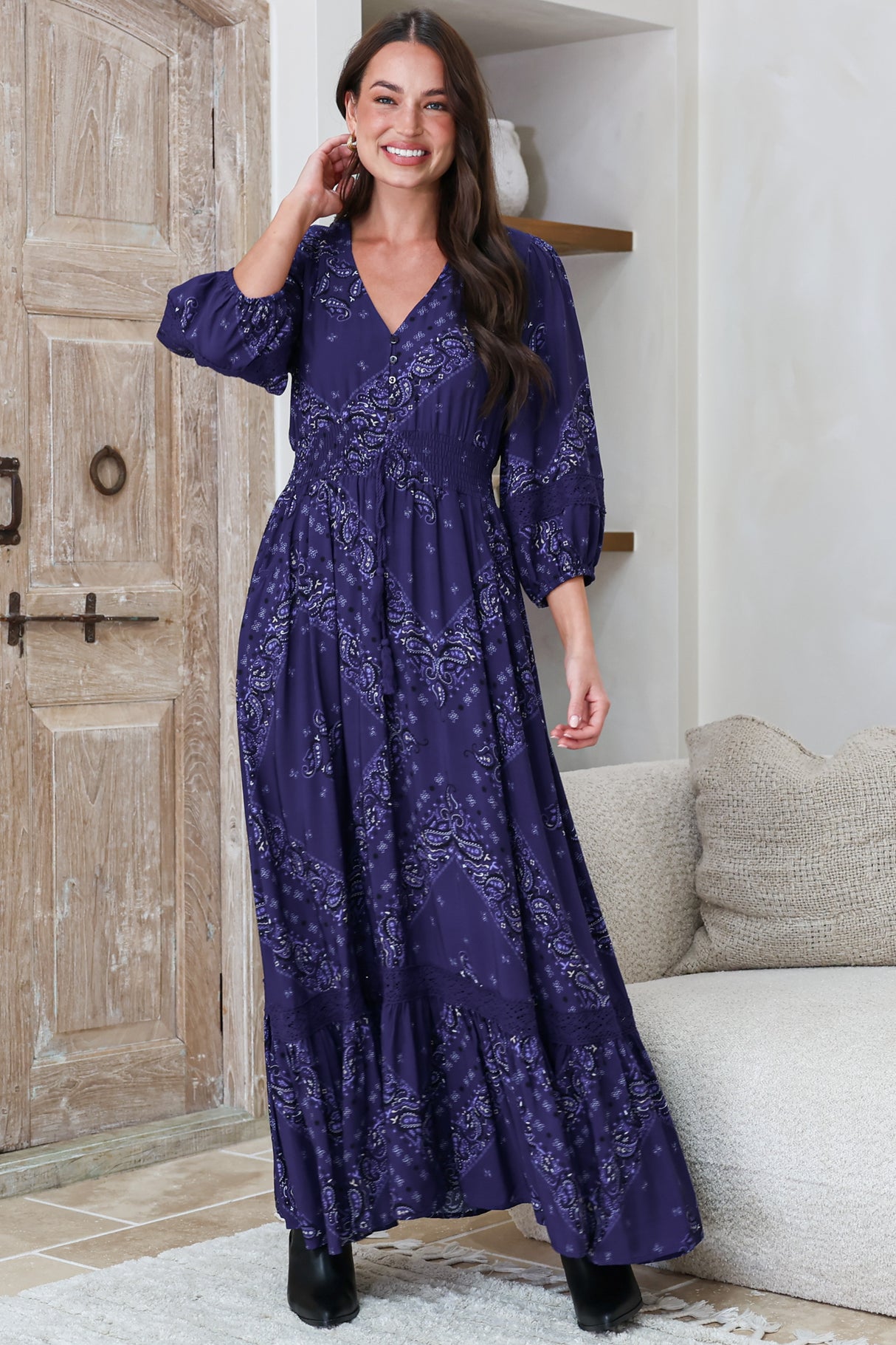 Model wearing Kiaba Maxi Dress in Vilma Print Navy from Salty Crush