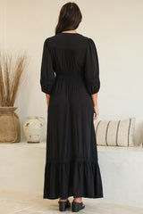 Kiaba Maxi Dress - V-Neck Buttoned Bodice 3/4 Sleeve A-Line Dress with Lace Inserts in Black