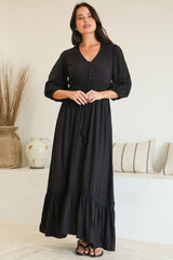 Kiaba Maxi Dress - V-Neck Buttoned Bodice 3/4 Sleeve A-Line Dress with Lace Inserts in Black